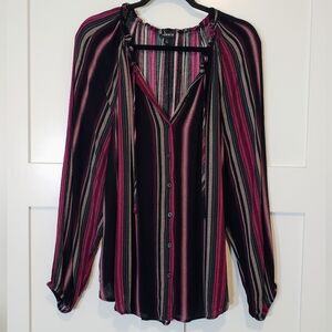 Torrid Button Down Tunic Top Ruffled Neck & Tie Vertical Stripes Sz 2X Burgundy